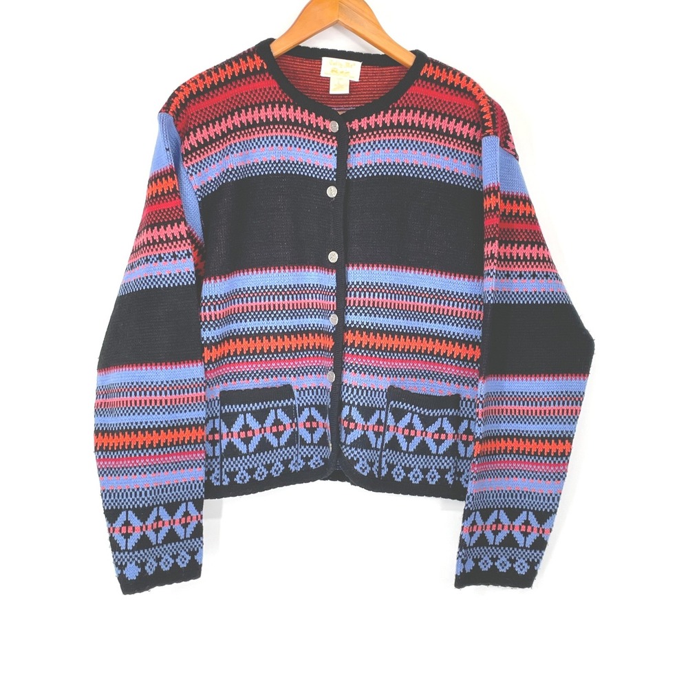 Tally-Ho Womens Cardigan L Sweater Multi Color Geometric Knit Pocket